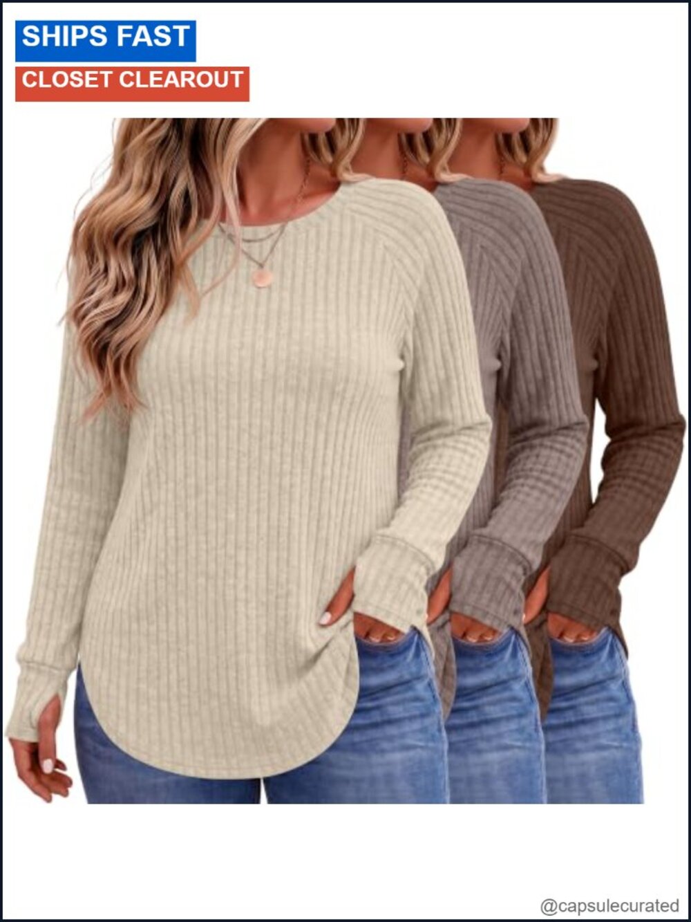 Plus Size Long Sleeve Tunic Sweaters 3 Pack Thumbhole Curved Hem